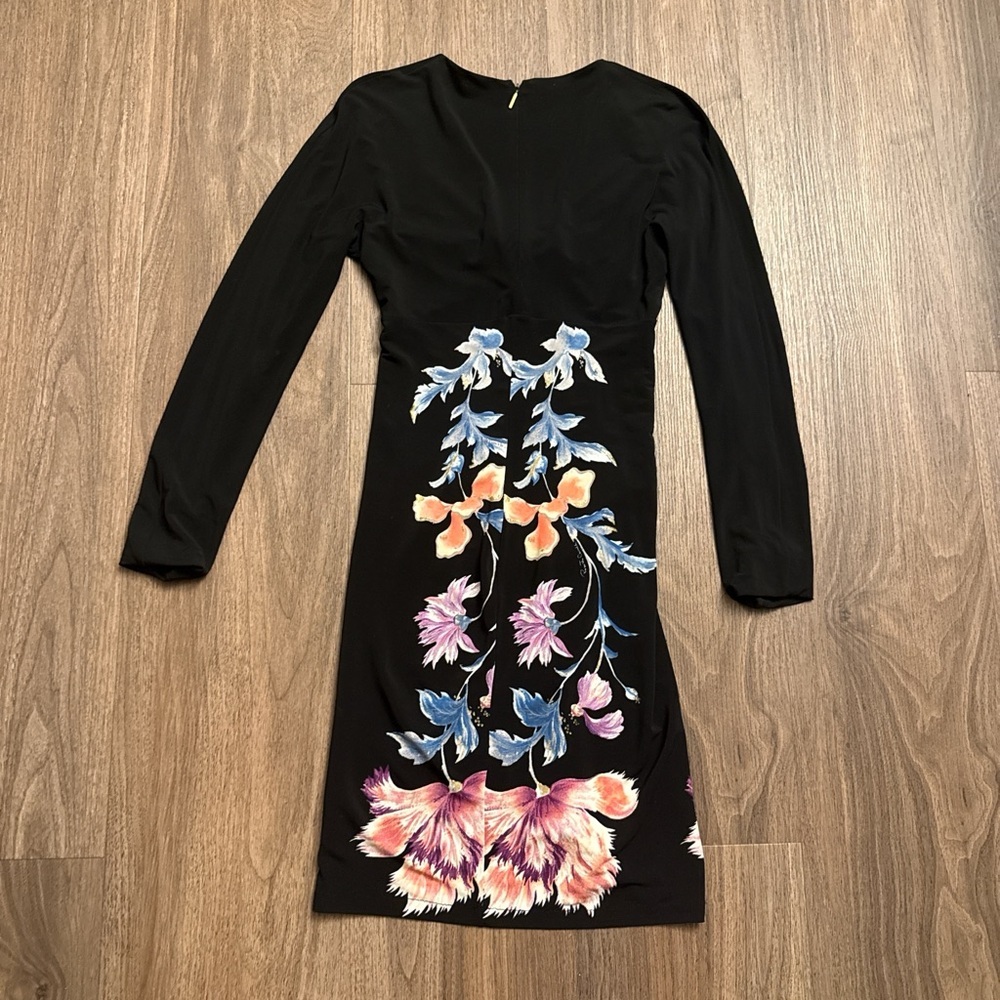 Roberto Cavalli, Matte jersey Black Floral Twist-Front Long Sleeve Dress xs/s - Picture 7 of 8